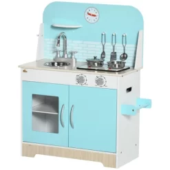 Qaba Wooden Play Kitchen, Kids Kitchen Playset With Sound Effects And Lights, Children's Imaginative Pretend Toy, Faucet Clock, 3-6 Years Old, Blue -Qaba GUEST 08833802 633c 4525 af5d 82ba10c98963