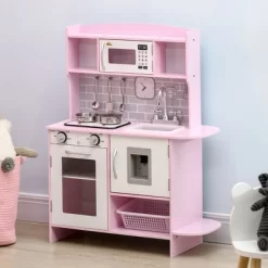 Qaba Pretend Play Kitchen With Sound Effects And Stove Lights, Kids Kitchen Playset With Storage, Water Dispenser For 3-6 Years Old, Pink