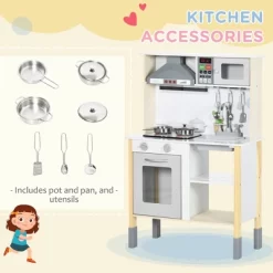 Qaba Wooden Play Kitchen With Realistic Lights And Sounds, Height-Adjustable Kids Kitchen Playset With Microwave, Range Hood, White -Qaba GUEST 16fd1b2f 34bb 4f12 9637 e1d3fd8a20bd