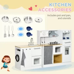 Qaba 2Pcs Kids Play Kitchen Set With Lights Sounds, Kids Kitchen Playset With Stool, Oven, Coffee Maker, Ice Maker, Washing Machine, White -Qaba GUEST 1b114c5f 7c97 41bd 8d7f 827436f0a908