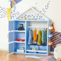 Qaba Kids Toy Storage Organizer With 2 Bins, Coat Hanger, Bookshelf And Toy Collection Shelves