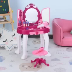 Qaba Infrared Remote Control Kids Dress-up Vanity Table Chair Girls Pretend Dressing Table Set With Music And Lightening Cosmetic Mirror Hair Dryer