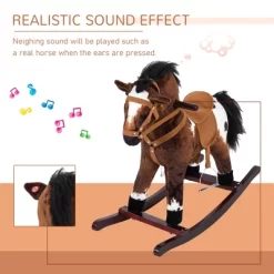 Qaba Kids Metal Plush Ride-On Rocking Horse Chair Toy With Realistic Sounds - Dark Brown/White -Qaba GUEST 26b18b82 0451 4799 b0f7 39d59d590321