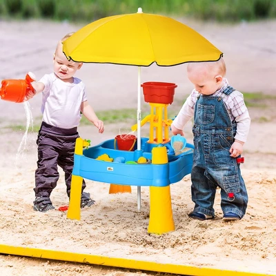 Qaba Kids 2-in-1 Water Table 25Pcs Sand Table Enlarged Sized Indoor Outdoor Play Table With Adjustable Sun Umbrella, Multi-colored 1 Qaba Kids 2-in-1 Water Table 25Pcs Sand Table Enlarged Sized Indoor Outdoor Play Table With Adjustable Sun Umbrella, Multi-colored