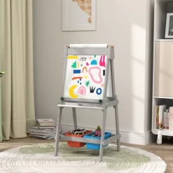 Qaba Easel For Kids, Art Easel With Paper Roll, Double Sided Whiteboard & Chalkboard With Painting Paper Stand, 2 Storage Boxes
