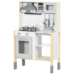 Qaba Wooden Play Kitchen With Realistic Lights And Sounds, Height-Adjustable Kids Kitchen Playset With Microwave, Range Hood, White -Qaba GUEST 59aa6930 9ba1 4fcd b852 c1a598fb8228