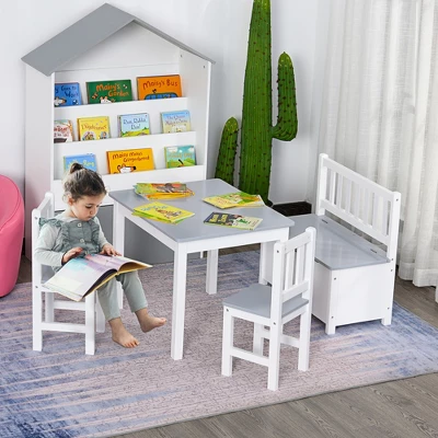 Qaba 4-Piece Kids Table Set With 2 Wooden Chairs, 1 Storage Bench, And Interesting Modern Design 2 Qaba 4-Piece Kids Table Set With 2 Wooden Chairs, 1 Storage Bench, And Interesting Modern Design - Image 2