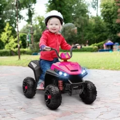 Qaba 12V Kids ATV, Battery Powered Four Wheeler With Spring Suspension, Forward & Reverse, LED Lights, Music, MP3, Pink