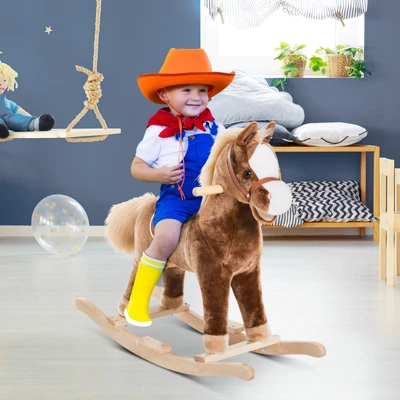 Qaba Kids Rocking Horse, Plush Toddler Rocker, Wooden Base Ride-On Toy With Handle Grip, Traditional Toy For Kids 36M+, Brown 2 Qaba Kids Rocking Horse, Plush Toddler Rocker, Wooden Base Ride-On Toy With Handle Grip, Traditional Toy For Kids 36M+, Brown - Image 2