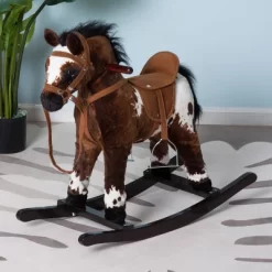 Qaba Kids Metal Plush Ride-On Rocking Horse Chair Toy With Realistic Sounds - Dark Brown/White