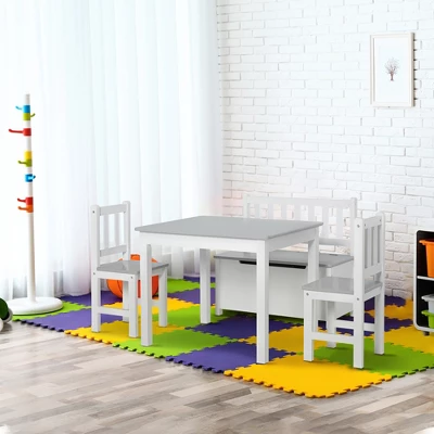 Qaba 4-Piece Kids Table Set With 2 Wooden Chairs, 1 Storage Bench, And Interesting Modern Design 1 Qaba 4-Piece Kids Table Set With 2 Wooden Chairs, 1 Storage Bench, And Interesting Modern Design