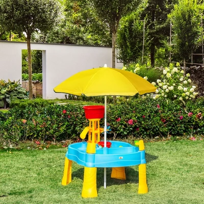 Qaba Kids 2-in-1 Water Table 25Pcs Sand Table Enlarged Sized Indoor Outdoor Play Table With Adjustable Sun Umbrella, Multi-colored 2 Qaba Kids 2-in-1 Water Table 25Pcs Sand Table Enlarged Sized Indoor Outdoor Play Table With Adjustable Sun Umbrella, Multi-colored - Image 2