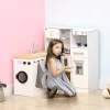 Qaba 2Pcs Kids Play Kitchen Set With Lights Sounds, Kids Kitchen Playset With Stool, Oven, Coffee Maker, Ice Maker, Washing Machine, White