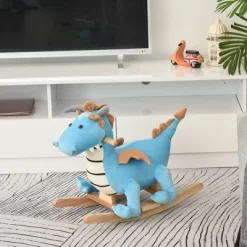 Qaba Kids Plush Ride-On Rocking Horse Toy Dinosaur Ride Rocking Chair With Realistic Sounds For18-36 Months, Blue