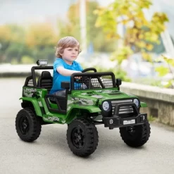 Qaba 12V Ride On Car, Ride On Truck, Battery Powered Toy Car With Remote, 4 Suspension Wheels, 3 MPH Max Speeds, Music, Horn & Lights, Green