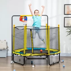 Qaba 4.6' Kids Trampoline With Basketball Hoop, Horizontal Bar, 55" Indoor Trampoline With Enclosure Net, Ages 1-10, Yellow