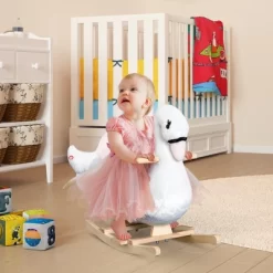 Qaba Kids Ride On Rocking Horse Plush Swan Style Toy With Music For Over 18 Months Children, White And Pink