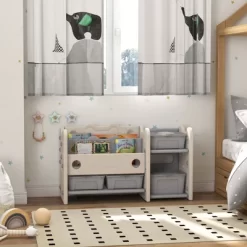 Qaba Kids Toy Storage, 2 Tier Toy Organizer With 4 Storage Boxes, Bookshelves For Kids Room, Nursery, Playroom, Cream White