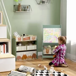 Qaba Kids Toy Organizer And Kids Easel Set With 6 Storage Bins, Paper Roll, Blackboard, Whiteboard, Cute Bear Design, For Ages 3-8 Years, Green