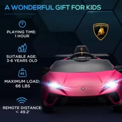 Qaba 12V Lamborghini Huracan Licensed Kids Electric Car With Parent Remote Control, Spring Suspension, Transport Wheel, Soft Start, LED Lights, Pink -Qaba GUEST b2e93f02 59fb 4f9c bbbf abfccf61b5cc