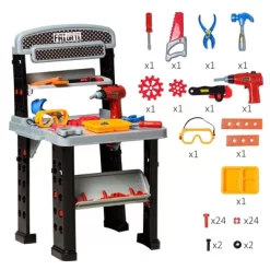 Qaba Kids Workbench 79-Piece Construction Playset Toy With Battery-Powered Drill, Hammer, Saw, Storage Tray For Ages 3+, Black And Gray -Qaba GUEST b44c2dd6 73f6 49e0 8383 919ce44e4258