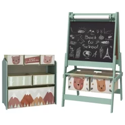 Qaba Kids Toy Organizer And Kids Easel Set With 6 Storage Bins, Paper Roll, Blackboard, Whiteboard, Cute Bear Design, For Ages 3-8 Years, Green -Qaba GUEST b4d1c7d5 07c2 4117 bf7c ed8db32801d4