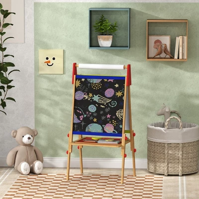 Qaba Easel For Kids, 3 In 1 Kids Art Easel With Paper Roll, Whiteboard, Chalkboard, Double Sided & Adjustable Height Wooden Toddler Easel, Nature Wood 1 Qaba Easel For Kids, 3 In 1 Kids Art Easel With Paper Roll, Whiteboard, Chalkboard, Double Sided & Adjustable Height Wooden Toddler Easel, Nature Wood