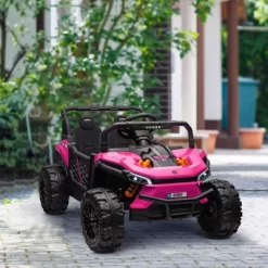 Qaba 12V Ride On Truck, 3.7 MPH Battery Powered Electric Car For Kids W/ Remote Control, 4-Wheel Suspension, Lights, Horn & Music, Pink