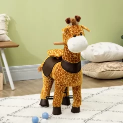 Qaba Baby Stuffed Giraffe Rocking Horse Toy For Girls And Boys, Zoo Animal Plush Ride-on Toy With Soft Feel, Interactive Toy For Kids, Giraffe Gifts