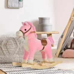 Qaba Rocking Horse Plush Animal On Wooden Rockers With Sounds, Wooden Base, Baby Rocking Chair For 36-72 Months