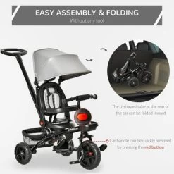 Qaba Baby Tricycle 4 In 1 Trike, Reversible Angle Adjustable Seat Removable Handle Canopy Handrail Belt Storage Footrest Brake For 1-5 Years Old Gray -Qaba GUEST df17eb45 5c03 40d6 aaac 3c944070f4d8