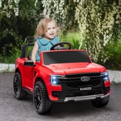 Qaba Ford Ranger Licensed 12V Kids Ride On Car, Kids Electric Car With Remote, Spring Suspension, Toy Storage, LED Headlights, Music Horn, Red