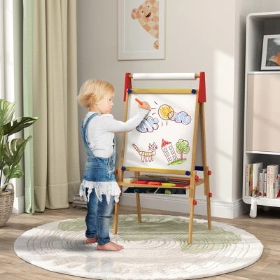 Qaba Easel For Kids, 3 In 1 Kids Art Easel With Paper Roll, Whiteboard, Chalkboard, Double Sided & Adjustable Height Wooden Toddler Easel, Nature Wood 2 Qaba Easel For Kids, 3 In 1 Kids Art Easel With Paper Roll, Whiteboard, Chalkboard, Double Sided & Adjustable Height Wooden Toddler Easel, Nature Wood - Image 2