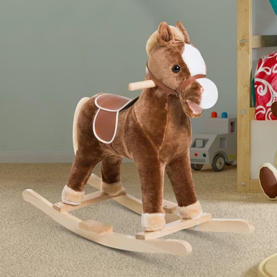 Qaba Kids Plush Toy Rocking Horse Ride On With Realistic Sounds - Brown 1 Qaba Kids Plush Toy Rocking Horse Ride On With Realistic Sounds - Brown