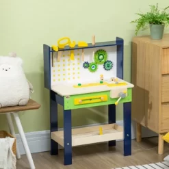 Qaba Wooden Kids Tool Bench With 27 Piece Tool Kit, Construction Work Shop Toy For Toddlers & Ages 3-6, Kids Workbench Playset Gift For Girls And Boys