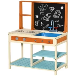 Qaba Kids Kitchen Playset, Wooden Pretend Play Kitchen Toy Set For Toddlers With Chalkboard, Removable Sink, Faucet, Storage Shelves, For 3-8 Years -Qaba GUEST eb39c917 653e 4810 9083 fb0e7a9fa3b9