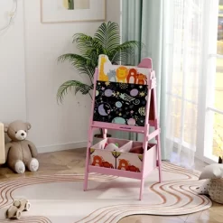 Qaba Easel For Kids, Double-Sided Kids Easel With Whiteboard, Chalkboard, Storage Boxes, Toddler Easel For 3-8 Years, Pink